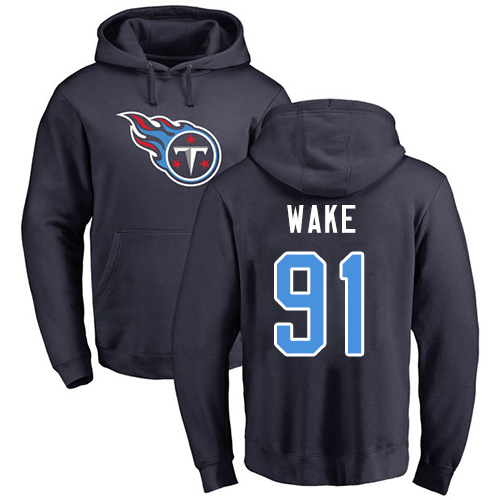 Tennessee Titans Men Navy Blue Cameron Wake Name and Number Logo NFL Football #91 Pullover Hoodie Sweatshirts